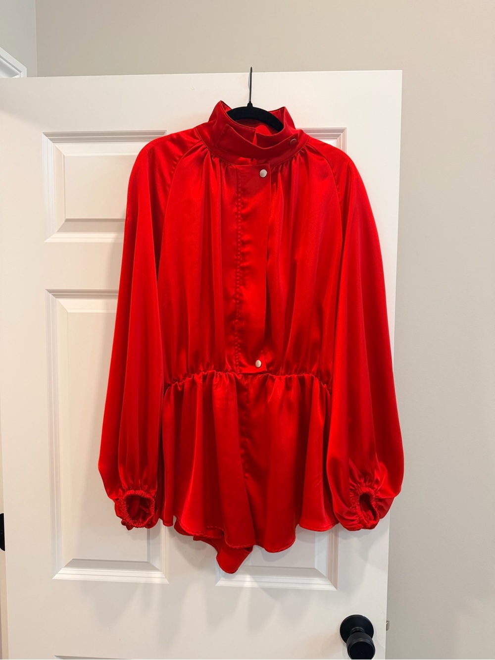 Bright Red Satin-like Long Sleeve Jumpsuit Romper